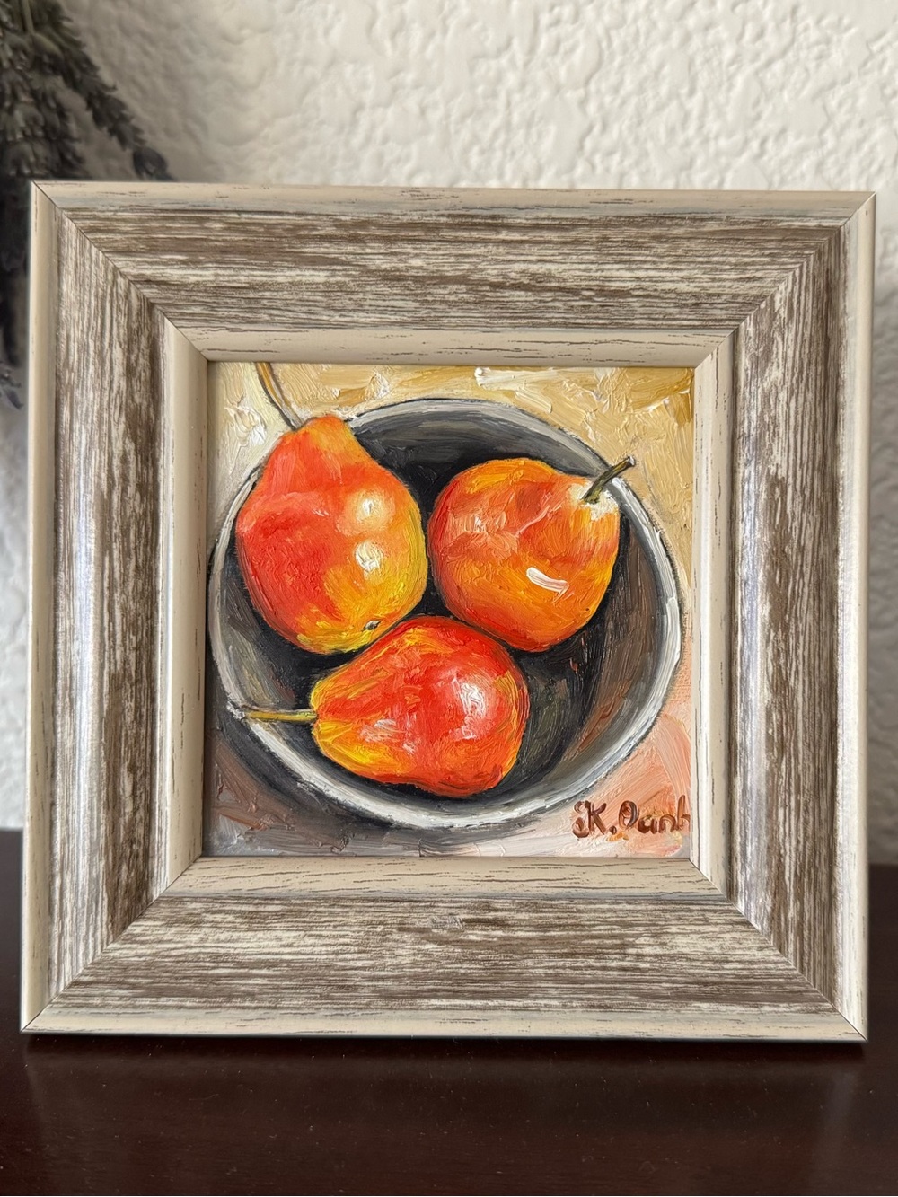 Original oil painting still life pears fruit signed framed 4x4 inches